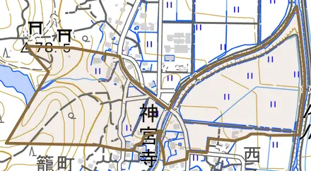 大字神宮寺とその周辺の地図。町の範囲を重ねている