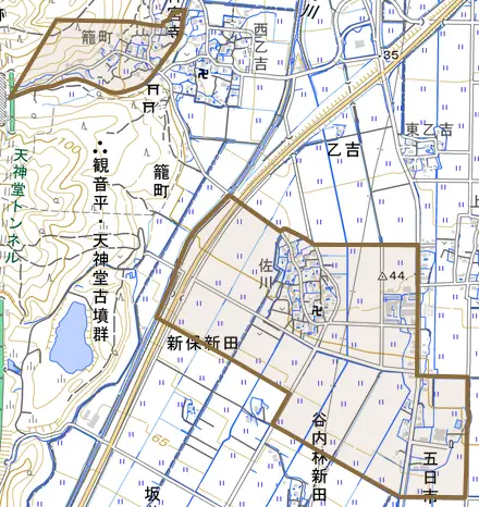 大字籠町とその周辺の地図。町の範囲を重ねている