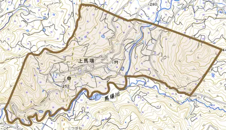 大字上馬場とその周辺の地図。町の範囲を重ねている