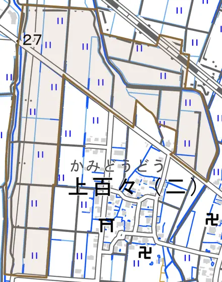 大字上百々とその周辺の地図。町の範囲を重ねている