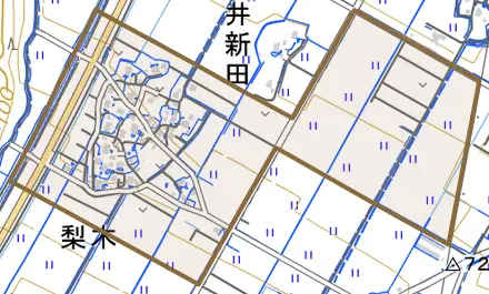 大字上八幡新田とその周辺の地図。町の範囲を重ねている