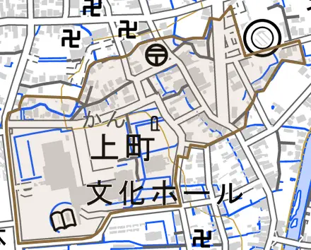 上町とその周辺の地図。町の範囲を重ねている