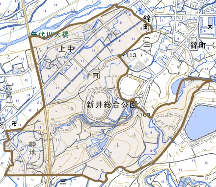 大字上中とその周辺の地図。町の範囲を重ねている