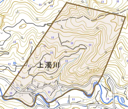 大字上濁川とその周辺の地図。町の範囲を重ねている
