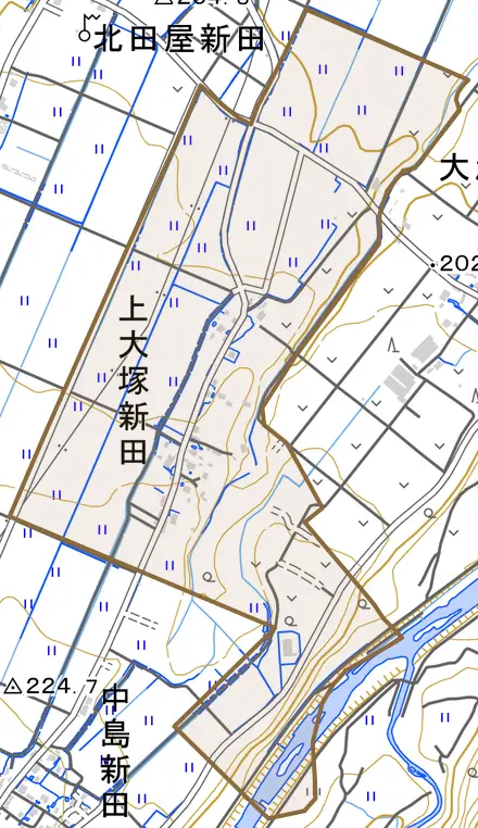 大字上大塚新田とその周辺の地図。町の範囲を重ねている