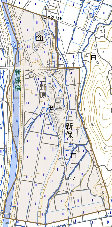 大字上新保とその周辺の地図。町の範囲を重ねている