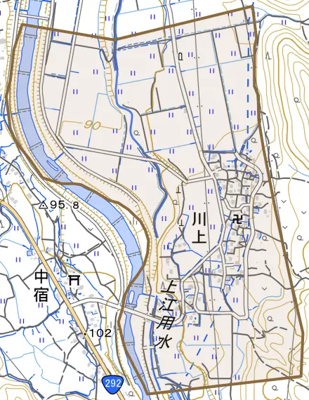 大字川上とその周辺の地図。町の範囲を重ねている