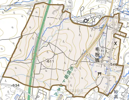 大字毛祝坂とその周辺の地図。町の範囲を重ねている