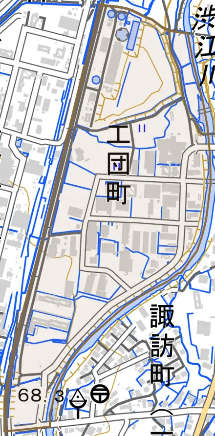 工団町とその周辺の地図。町の範囲を重ねている
