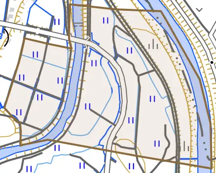 大字国賀とその周辺の地図。町の範囲を重ねている
