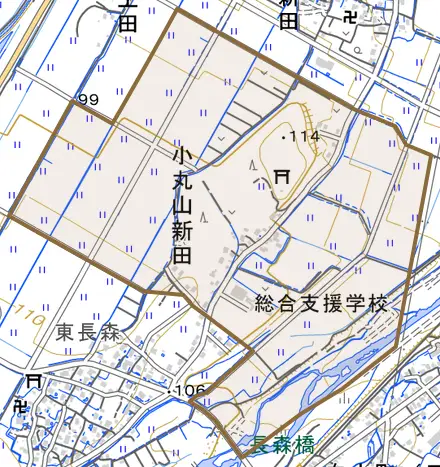 大字小丸山新田とその周辺の地図。町の範囲を重ねている