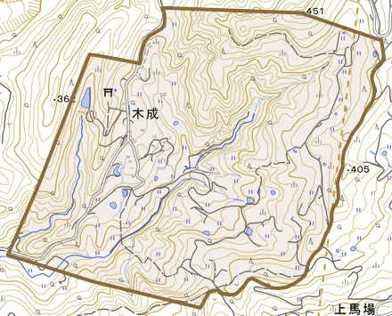 大字木成とその周辺の地図。町の範囲を重ねている