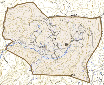 大字小濁とその周辺の地図。町の範囲を重ねている