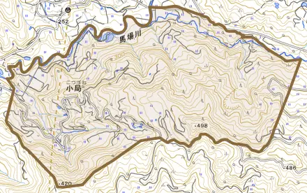 大字小局とその周辺の地図。町の範囲を重ねている