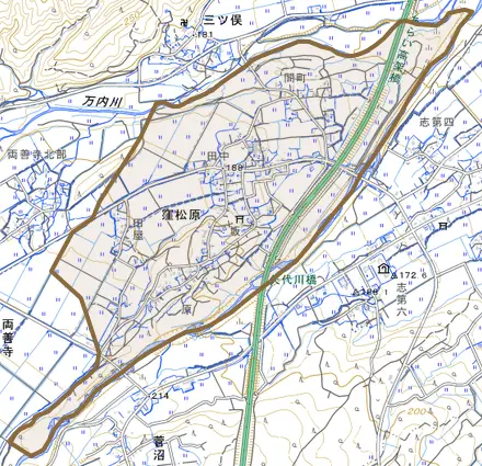 大字窪松原とその周辺の地図。町の範囲を重ねている