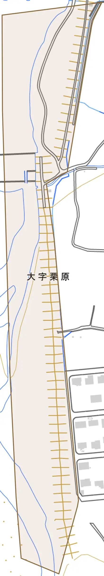 大字栗原とその周辺の地図。町の範囲を重ねている