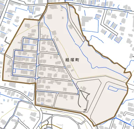 経塚町とその周辺の地図。町の範囲を重ねている