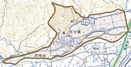 大字三ツ俣とその周辺の地図。町の範囲を重ねている