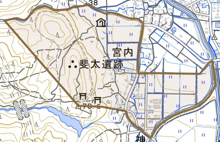 大字宮内とその周辺の地図。町の範囲を重ねている