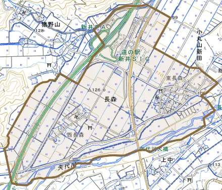 大字長森とその周辺の地図。町の範囲を重ねている