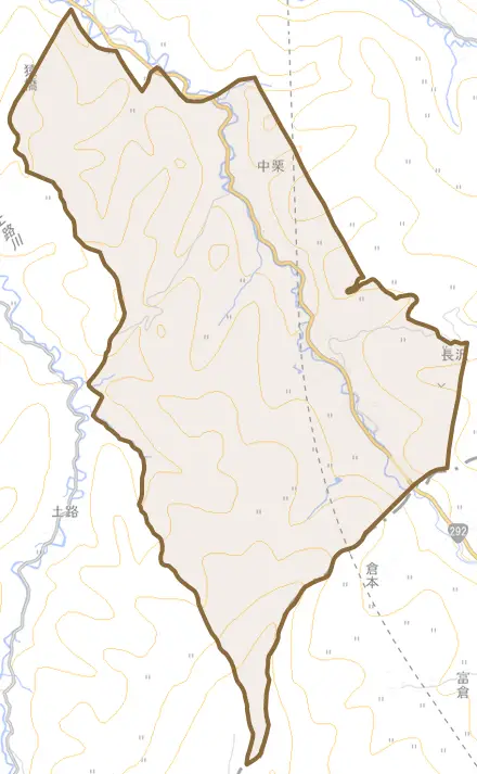 大字長沢とその周辺の地図。町の範囲を重ねている