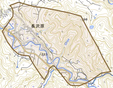 大字長沢原とその周辺の地図。町の範囲を重ねている