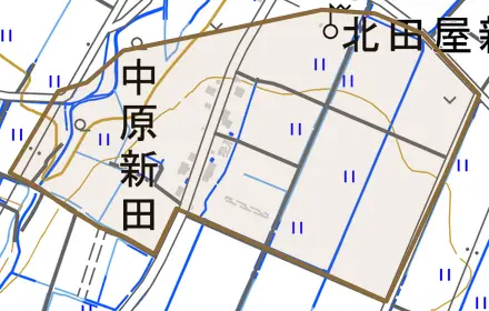 大字中原新田とその周辺の地図。町の範囲を重ねている