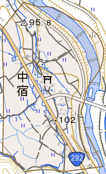 大字中宿とその周辺の地図。町の範囲を重ねている