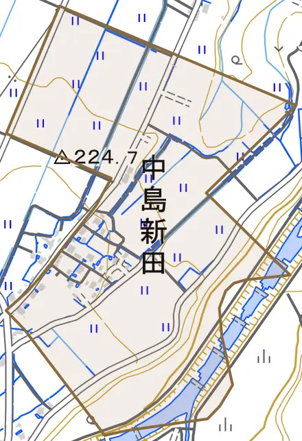 大字中島新田とその周辺の地図。町の範囲を重ねている