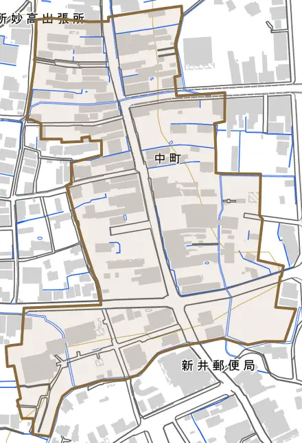 中町とその周辺の地図。町の範囲を重ねている