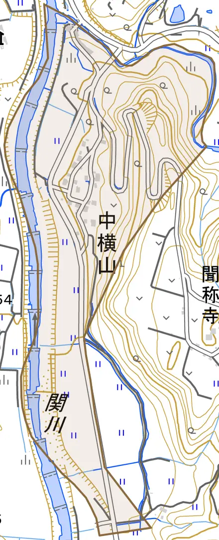 大字中横山とその周辺の地図。町の範囲を重ねている