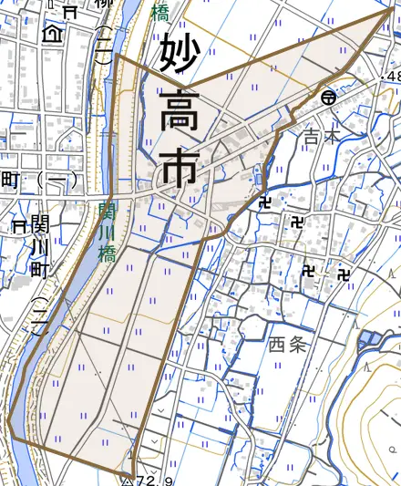 大字西条とその周辺の地図。町の範囲を重ねている