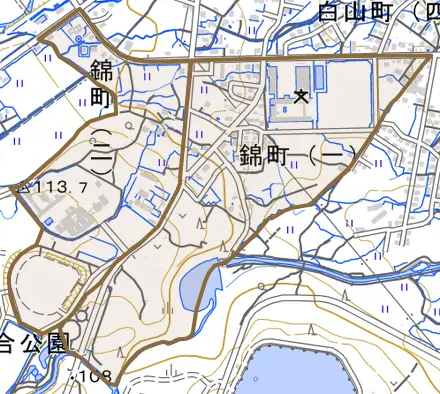 錦町とその周辺の地図。町の範囲を重ねている