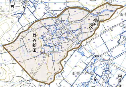 大字西野谷新田とその周辺の地図。町の範囲を重ねている
