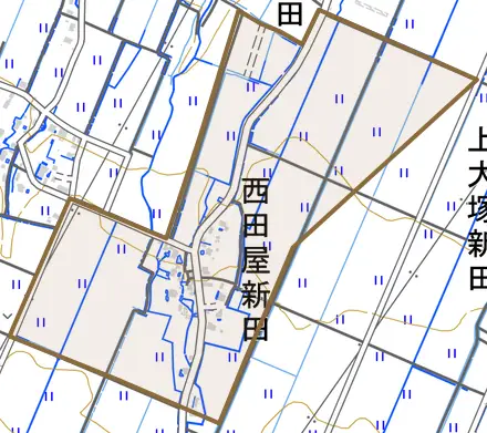 大字西田屋新田とその周辺の地図。町の範囲を重ねている