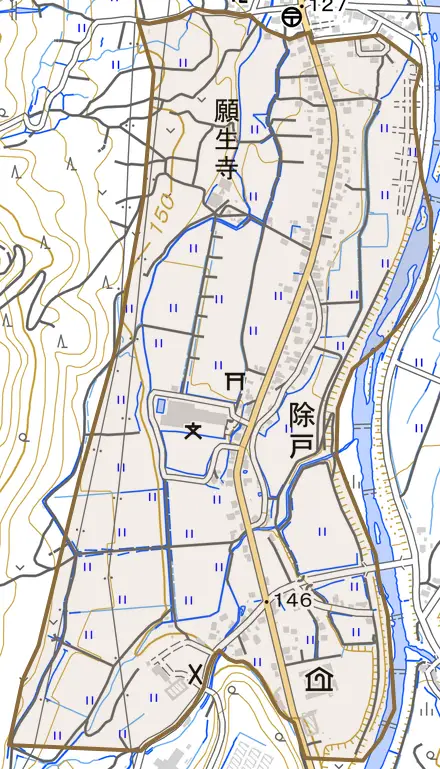 大字除戸とその周辺の地図。町の範囲を重ねている