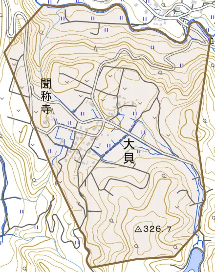 大字大貝とその周辺の地図。町の範囲を重ねている