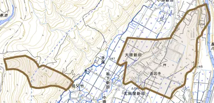 大字大原新田とその周辺の地図。町の範囲を重ねている