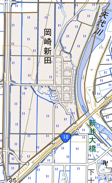 大字岡崎新田とその周辺の地図。町の範囲を重ねている