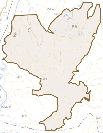 大字桶海とその周辺の地図。町の範囲を重ねている