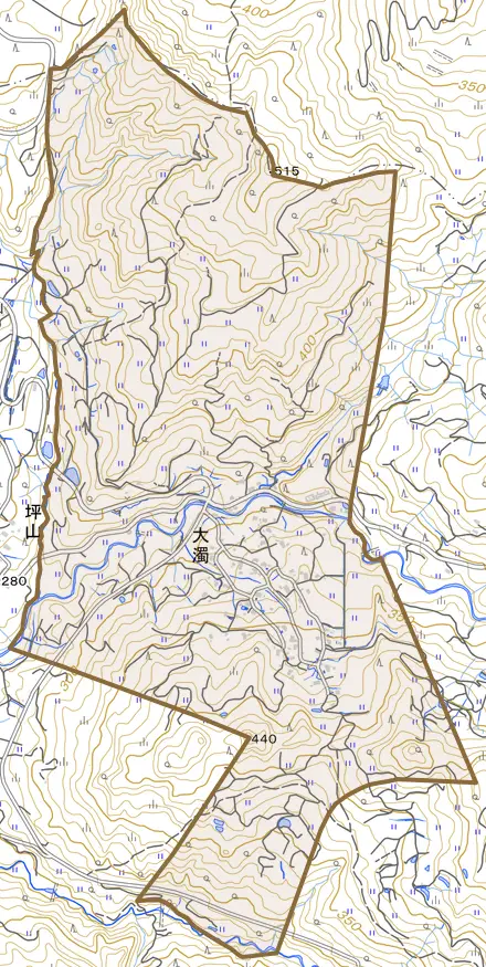大字大濁とその周辺の地図。町の範囲を重ねている