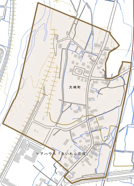 大崎町とその周辺の地図。町の範囲を重ねている