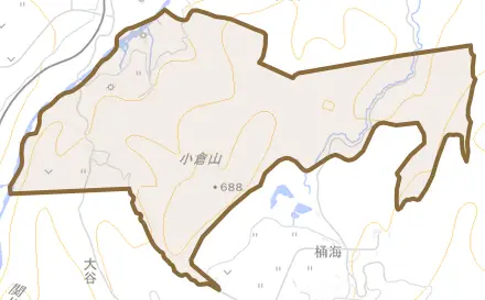 大字大谷とその周辺の地図。町の範囲を重ねている