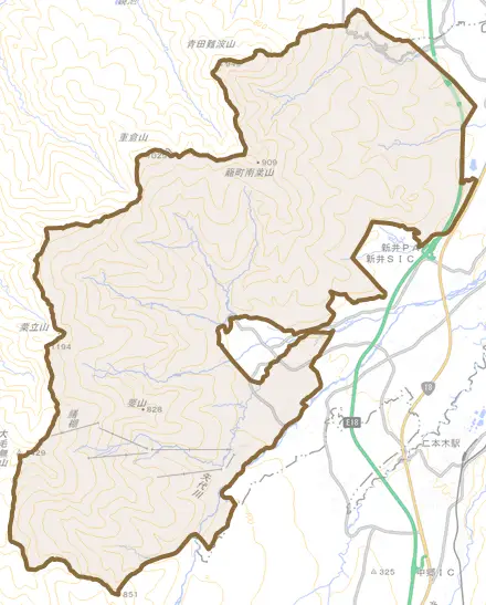 大字両善寺とその周辺の地図。町の範囲を重ねている