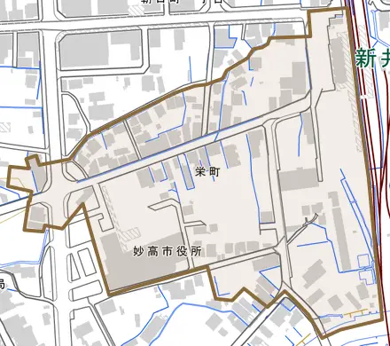 栄町とその周辺の地図。町の範囲を重ねている