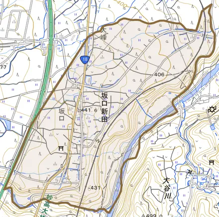 大字坂口新田とその周辺の地図。町の範囲を重ねている