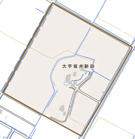 大字坂井新田とその周辺の地図。町の範囲を重ねている