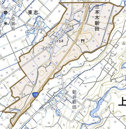 大字三本木新田とその周辺の地図。町の範囲を重ねている