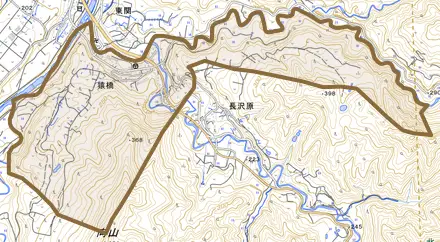 大字猿橋とその周辺の地図。町の範囲を重ねている