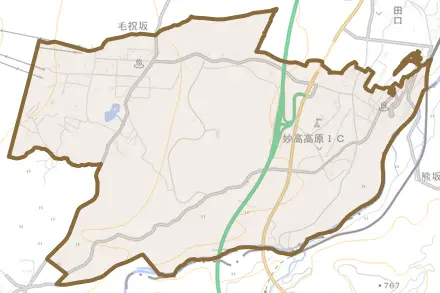 大字関川とその周辺の地図。町の範囲を重ねている
